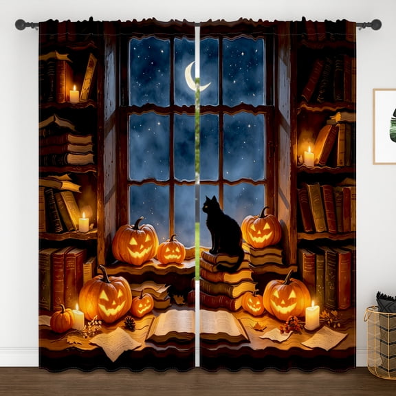 Lfeey Black Cat Pumpkin Halloween Blackout Curtains 63 inch Length, Thermal Insulated Rod Pocket Drapes for Living Room, Set of 2