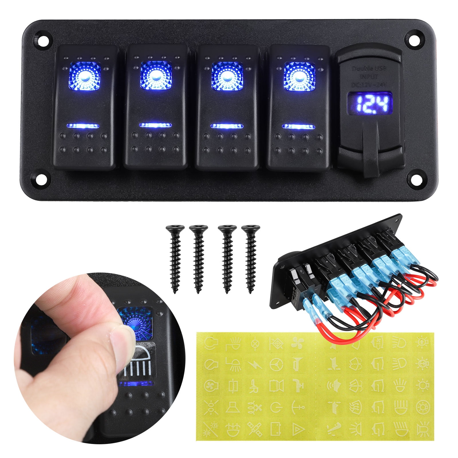 Eeekit 5 Gang Rocker Switch Panel With Dual Fast Usb Charger And Digital Voltmeter Blue Backlit Led Pre Wired All Waterproof Components For Boat