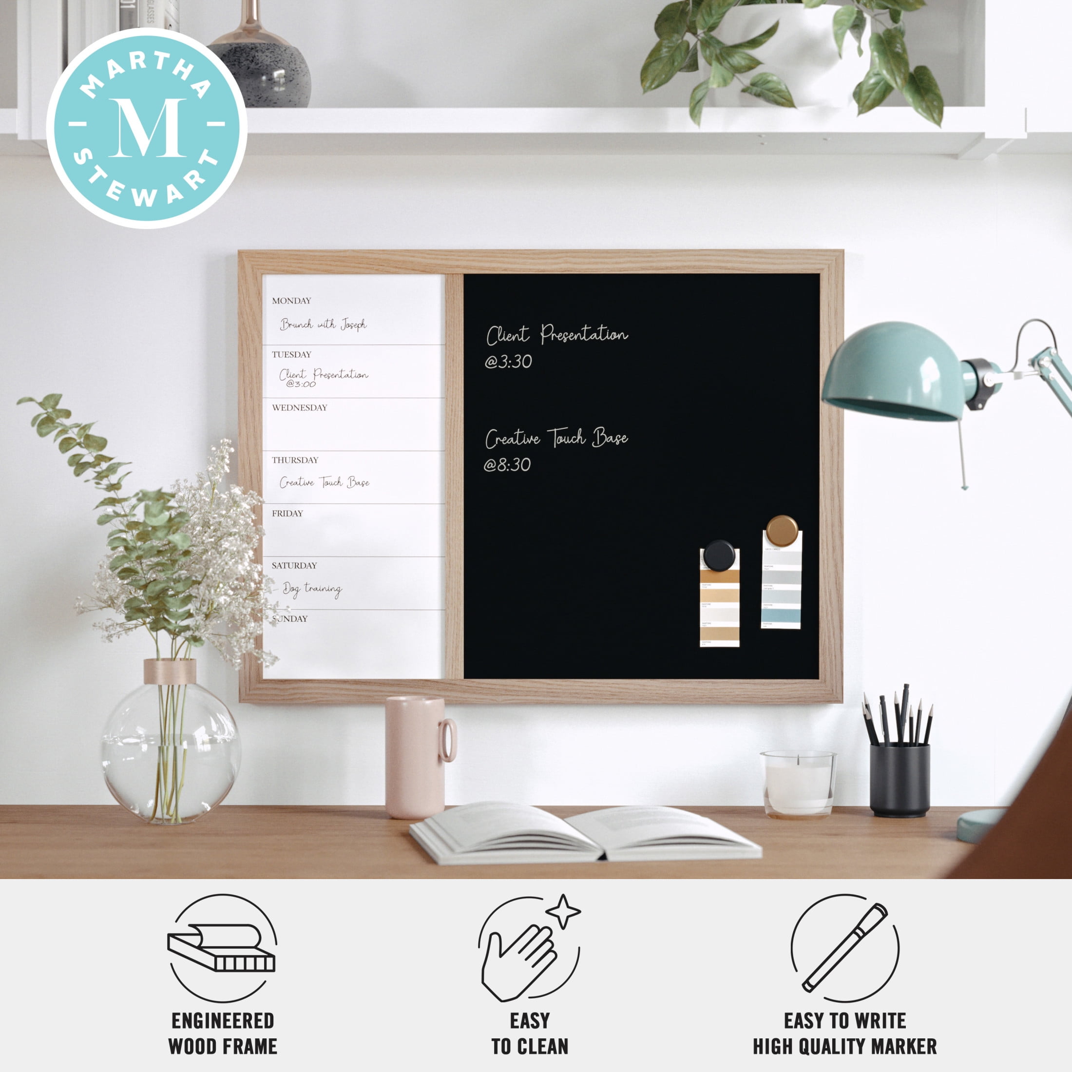 Martha Stewart Everette 24"x18" Magnetic Weekly Calendar Dry Erase Board and Chalk Board with Liquid Chalk Marker and Magnets, Light Natural Woodgrain Frame