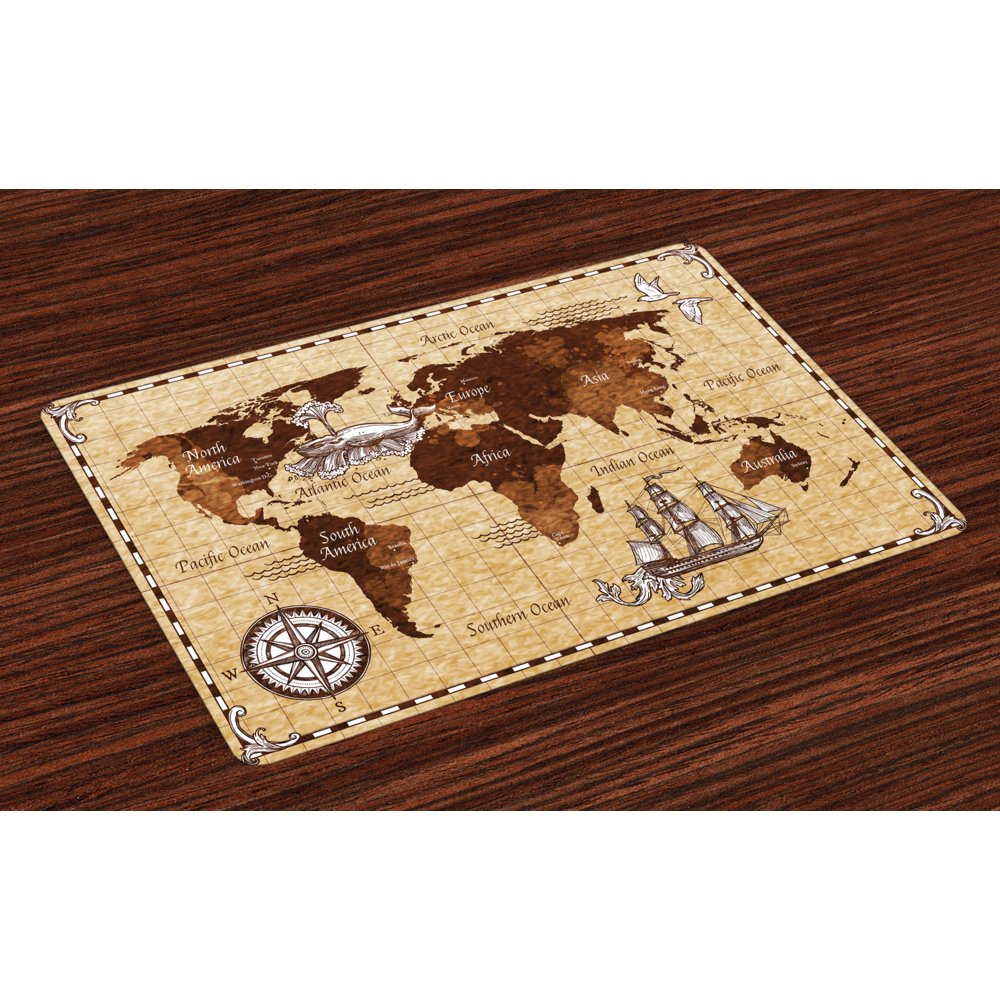 Map Placemats Set of 4 Hand Drawn Sketch Retro World Map with Lettering