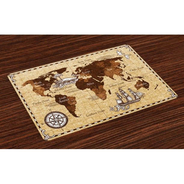 Map Placemats Set of 4 Hand Drawn Sketch Retro World Map with Lettering Old Historic Artwork