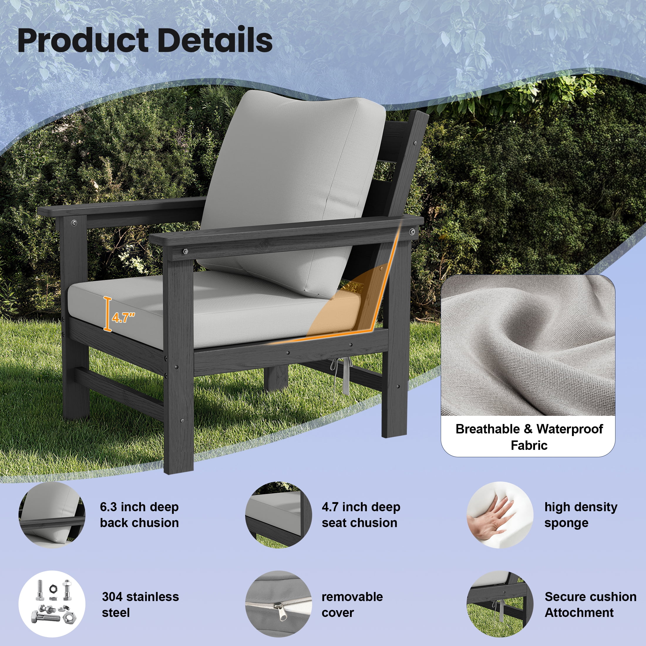UDPATIO HDPE Patio Conversation Set, 6-Piece Sectional Outdoor Furniture Set, All-Weather Outdoor Couch Set for Deck, Lawn, Grey Frame with Grey Cushion