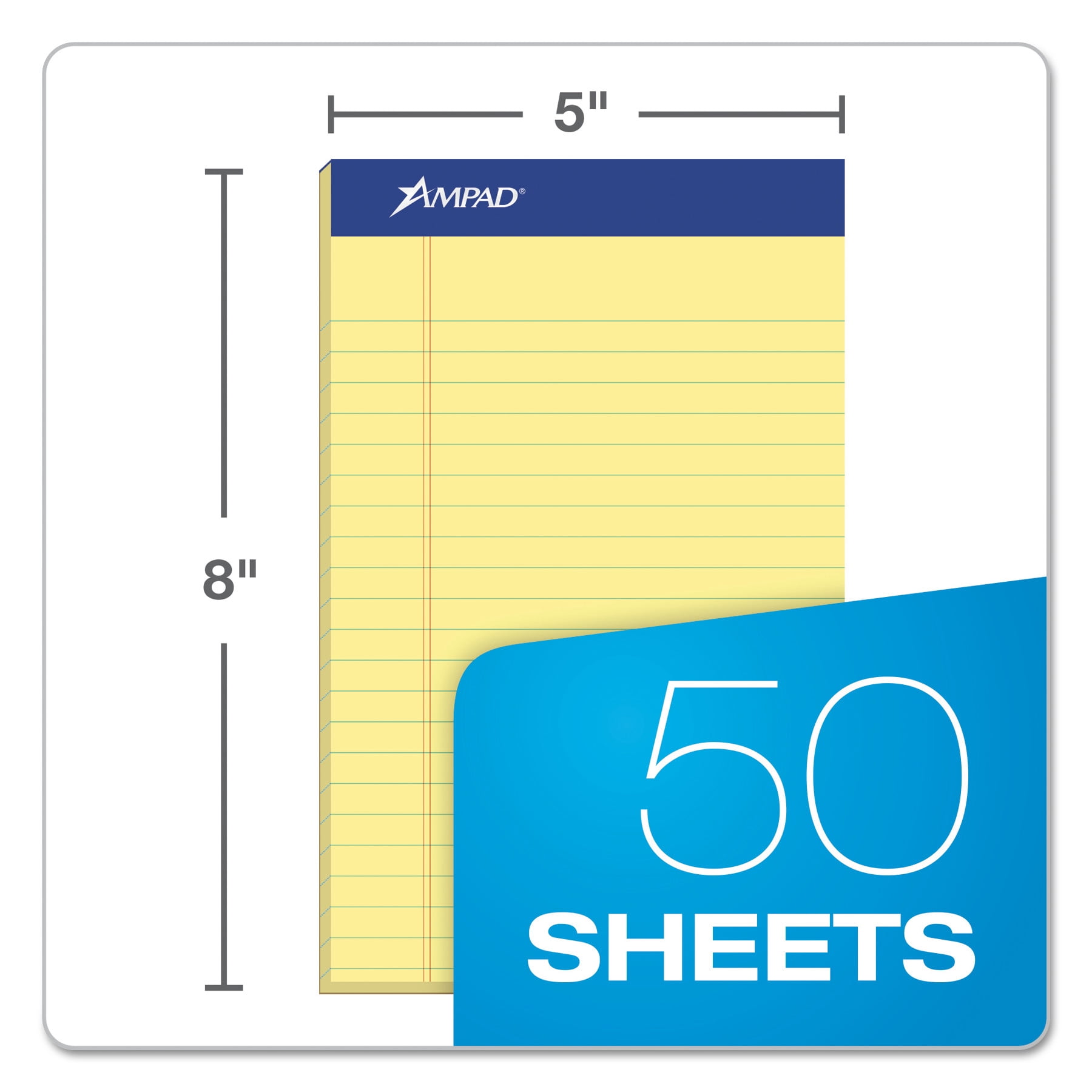Ampad Perforated Writing Pad, Narrow, 5 x 8, Canary, 50 Sheets, Dozen -TOP20204