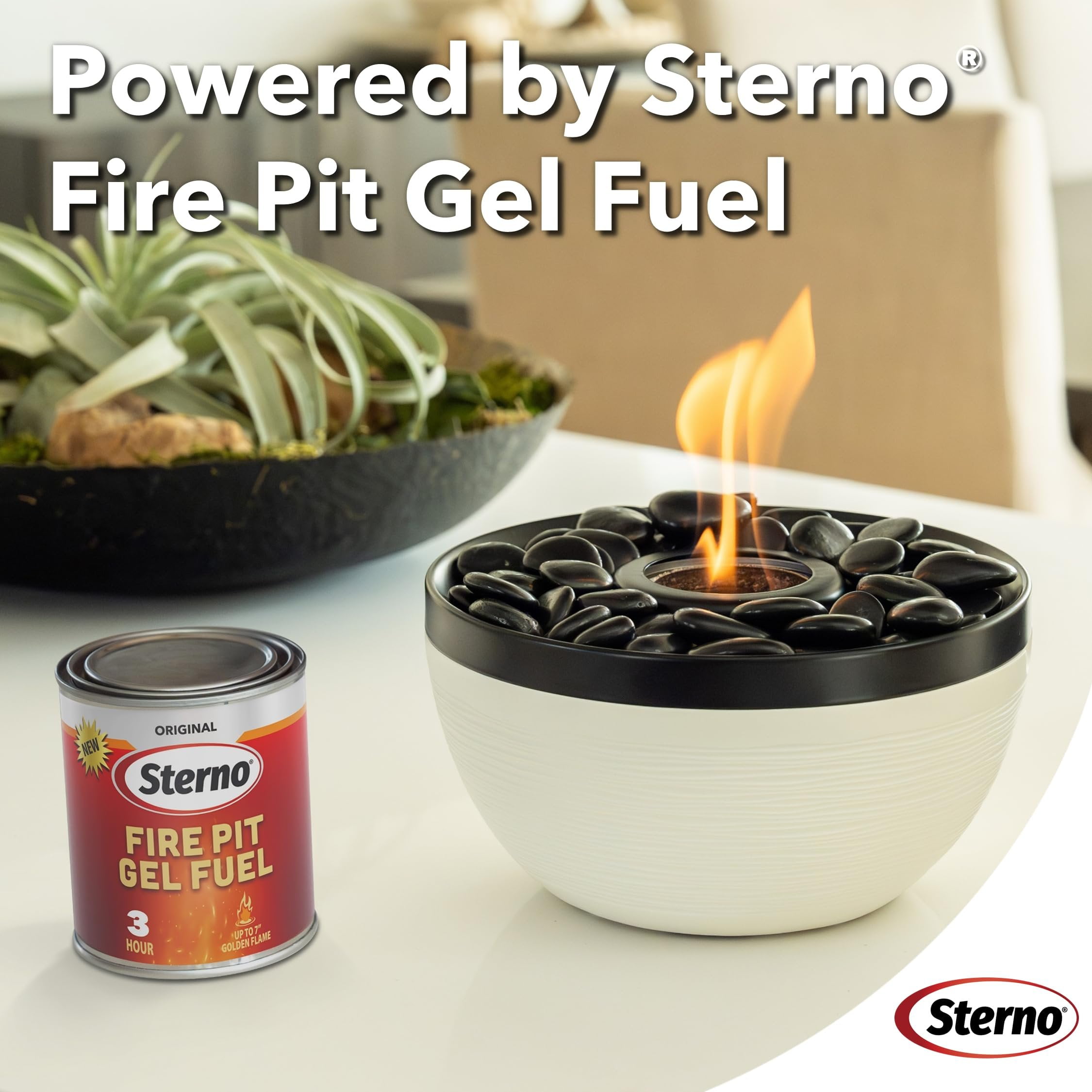 Sterno Tabletop Fire Pit Medium Smokeless Mini Fireplace for Indoor Outdoor Patio & Balcony Decor, Portable Fire Pit 9.5" x 5.25" - Onyx & Ivory