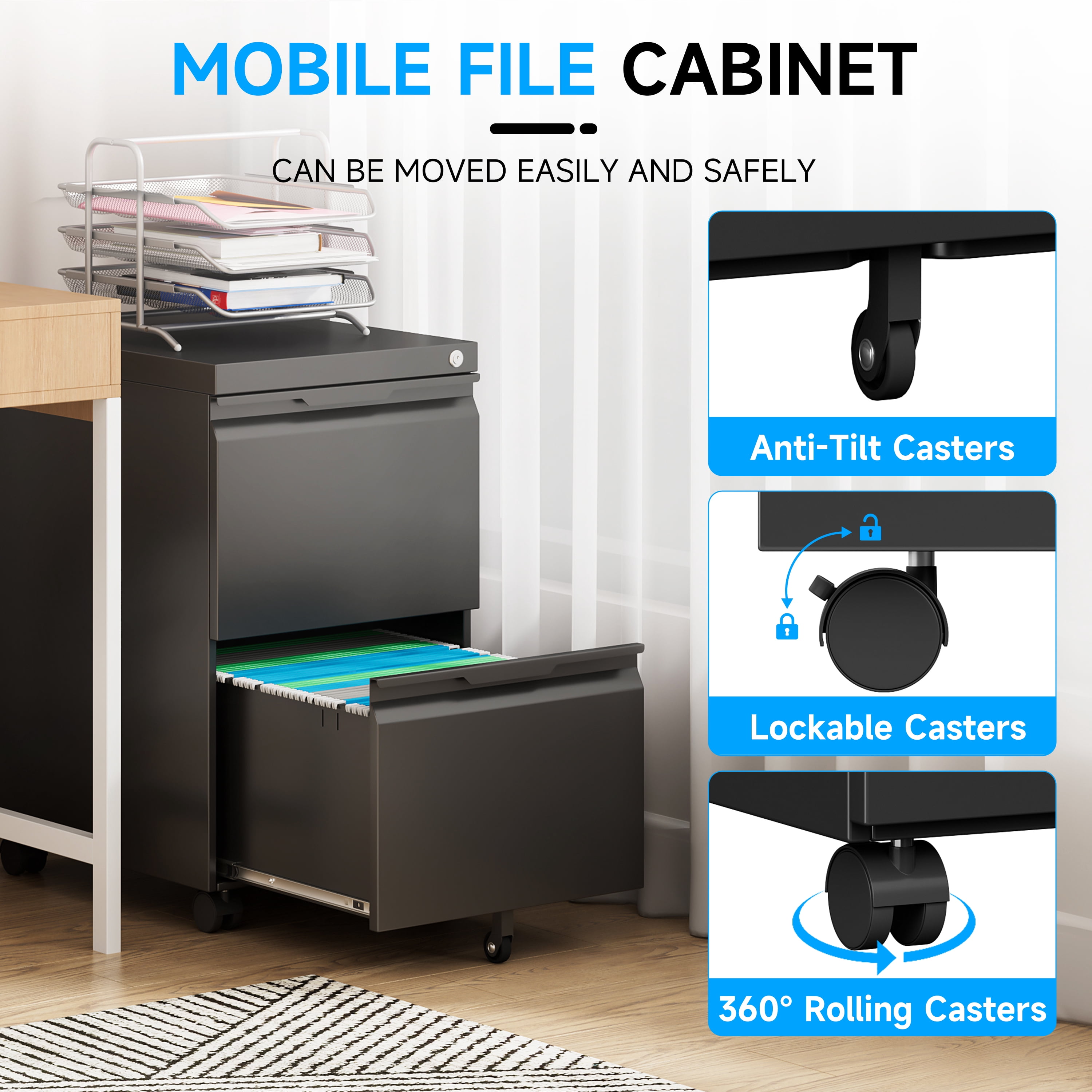 2 Drawer File Cabinet on Wheels, Mobile File Cabinet with Lock for Letter/Legal/A4 File, Metal Rolling File Cabinets for Home Office (Black)