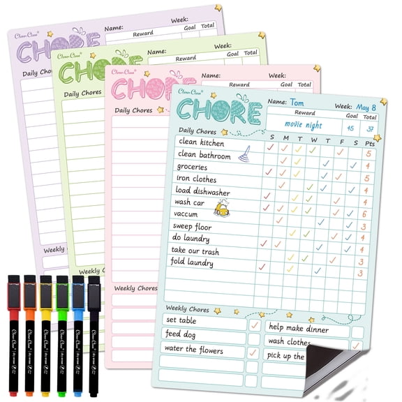 Magnetic Dry Erase Chore Chart - 8.5"x12" Behavior Responsibility Chore Board for Family - 6 Extra Fine Point Markers Included - Shipped Flat 4 Pcs