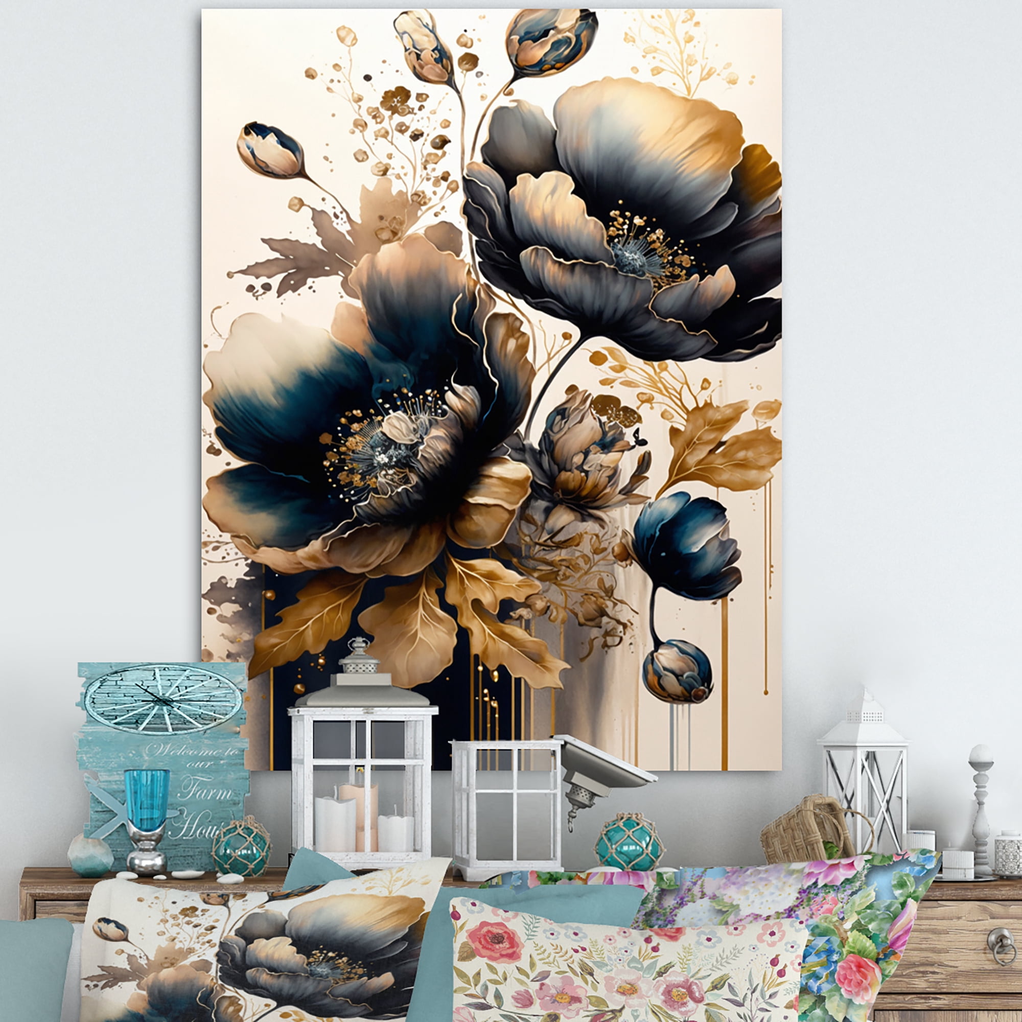 Designart Navy Blue And Gold Poppy Flowers IV Canvas Wall Art