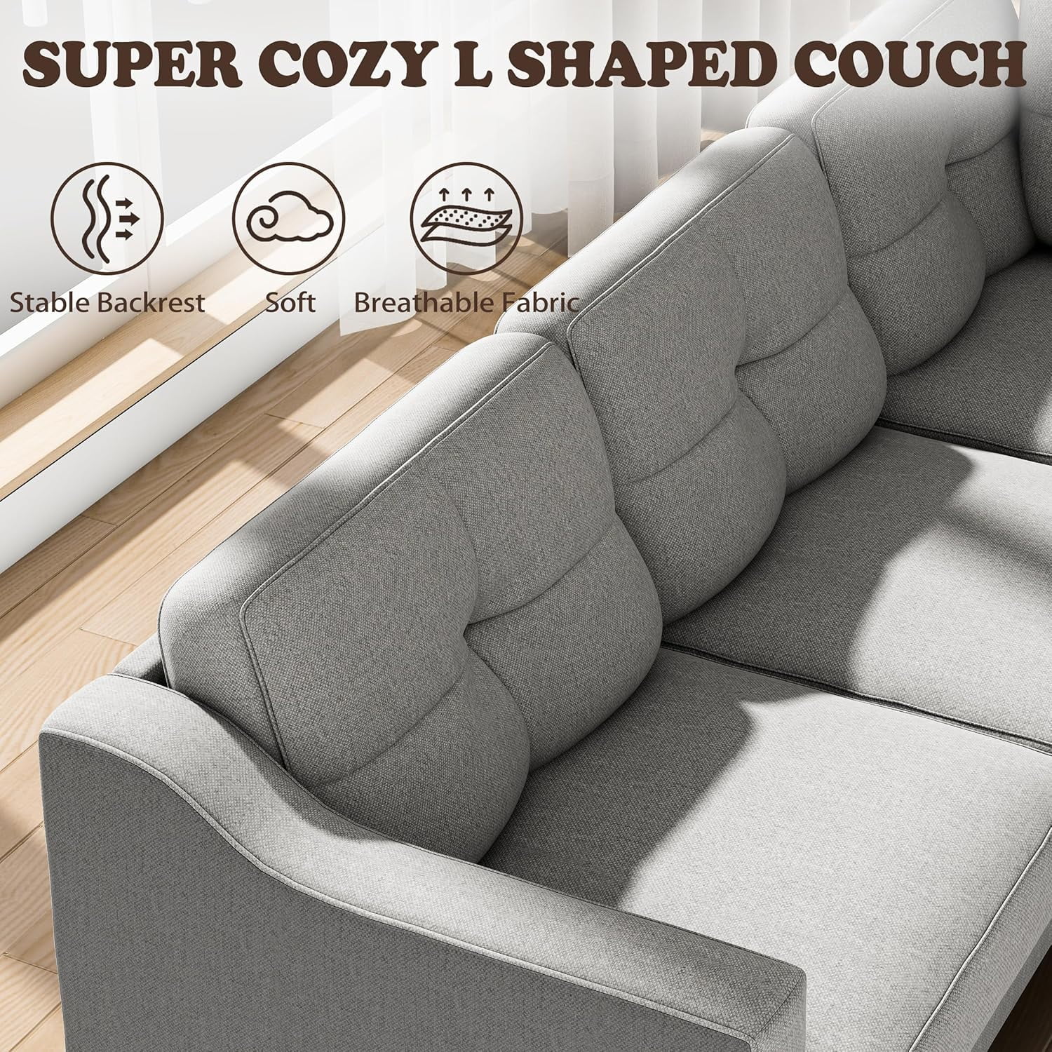 5 Seater Convertible Sectional Sofa, Linor L Shaped Sofa Couch for Living Room, Small Apartment, Reversible Sectional Couch, Light Grey