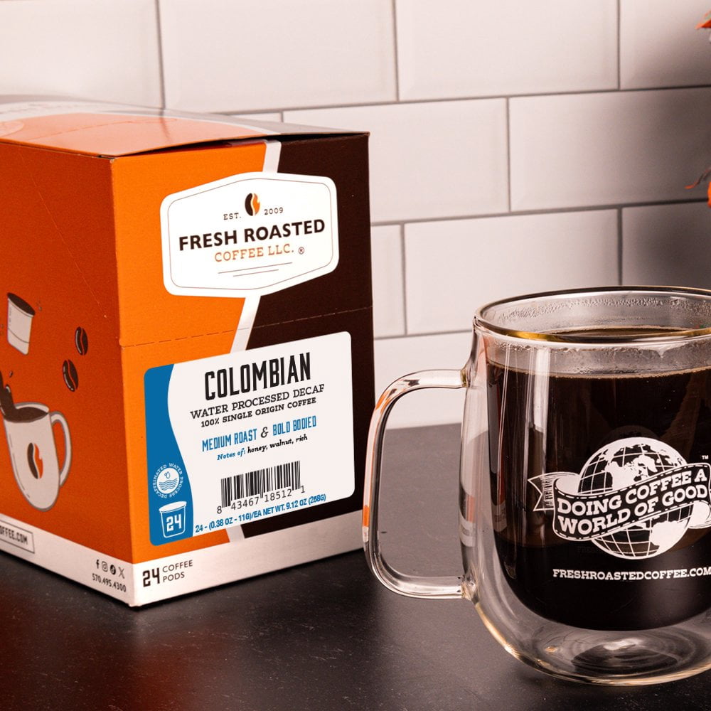 Fresh Roasted Coffee, Colombian Swiss Water Decaf, Medium Roast K-cup Compatible Pods, 72 Count