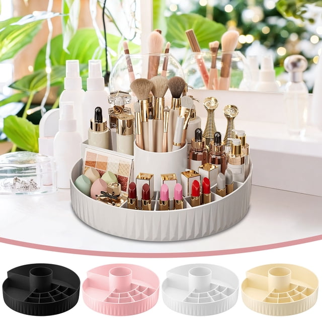Estante Organizador de maquillaje giratorio negro con portabrochas, caja de almacenamiento de cosméticos de escritorio de 2 niveles y plato giratorio (1 unidad) JASKFLY