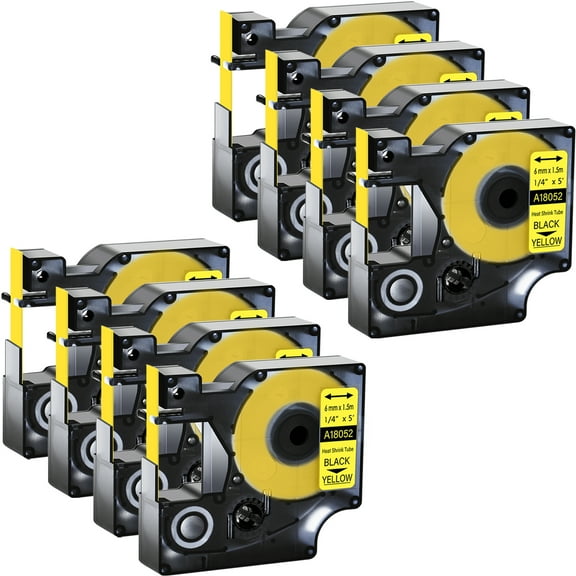 GREENCYCLE 8PK Industrial Rhino Heat Shrink Tubes Compatible for DYMO 18052 6mm 1/4" Black on Yellow Cable Label Tape