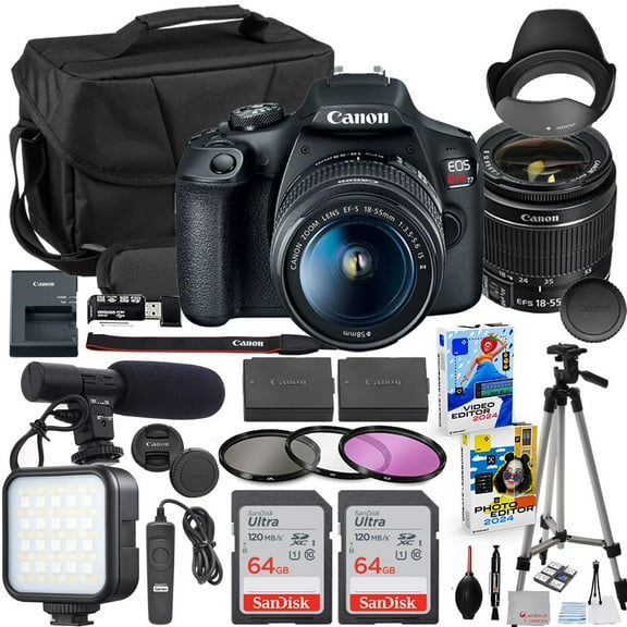 Canon EOS Rebel T7 DSLR Camera with 18-55mm Lens Bundle with Extra Canon Battery   2X 64GB Memory Cards   Accessory Kit Including Bag, LED Light, Microphone, Remote, Software & More