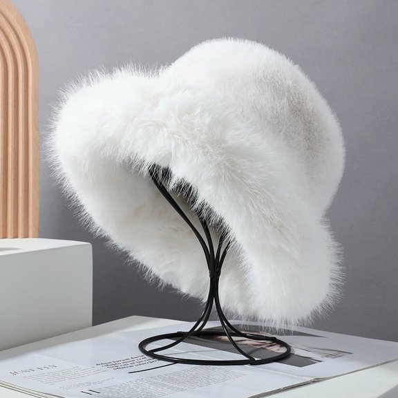 High-grade faux fur mink fur fluffy fisherman hat lady style big head circumference plush hat winter warm pullover hat-white-Fisherman hat-mibai-fishermanhat