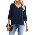 thumbnail image 3 of Uvplove Chiffon Blouses for Women V Neck Tie Front 3/4 Sleeve Tops Business Casual Office Work Loose Top Shirts,Navy_Blue,L, 3 of 12