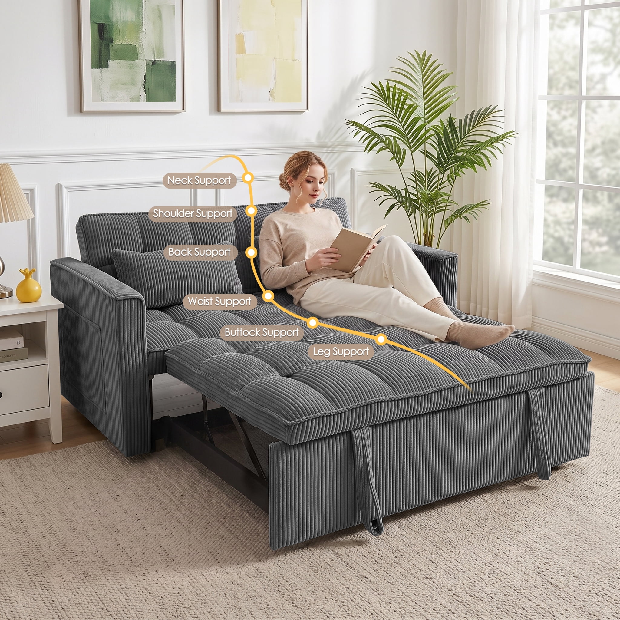 AISWORD Sleeper Sofa Bed, 3-in-1 Convertible Pull Out Couch with Adjustable Backrest for Living Room, Loveseat Sofa Bed with Side Pockets, Dark Gray