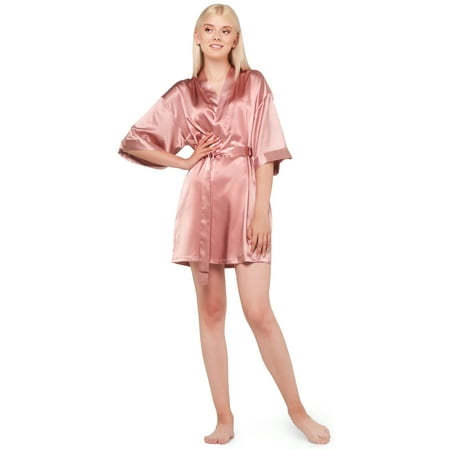 

Turquaz Linen Rose Pink Satin Kimono Short Robe
