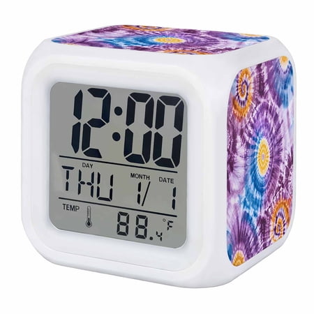 Alarm Clocks Purple Tie-Dye Art Digital Clock 7 Color LED Night Light Silent Non-Ticking Battery Operated Abstract Boho Dyeing Cube Clocks Decorative for Bedroom Bedside Living Room Office School