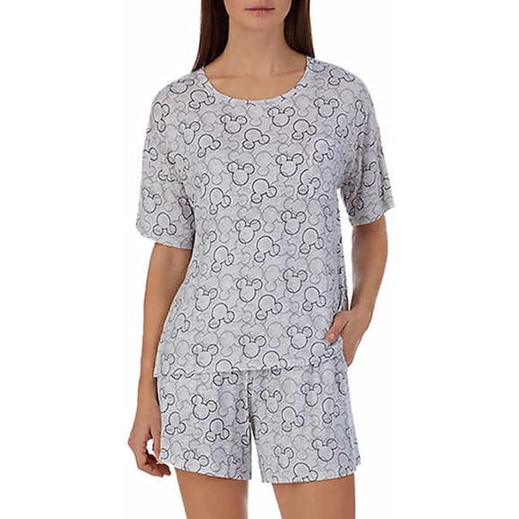 Disney Women's 2 Piece Short Pajama Set (Gray Mickey Mouse, X-Small)