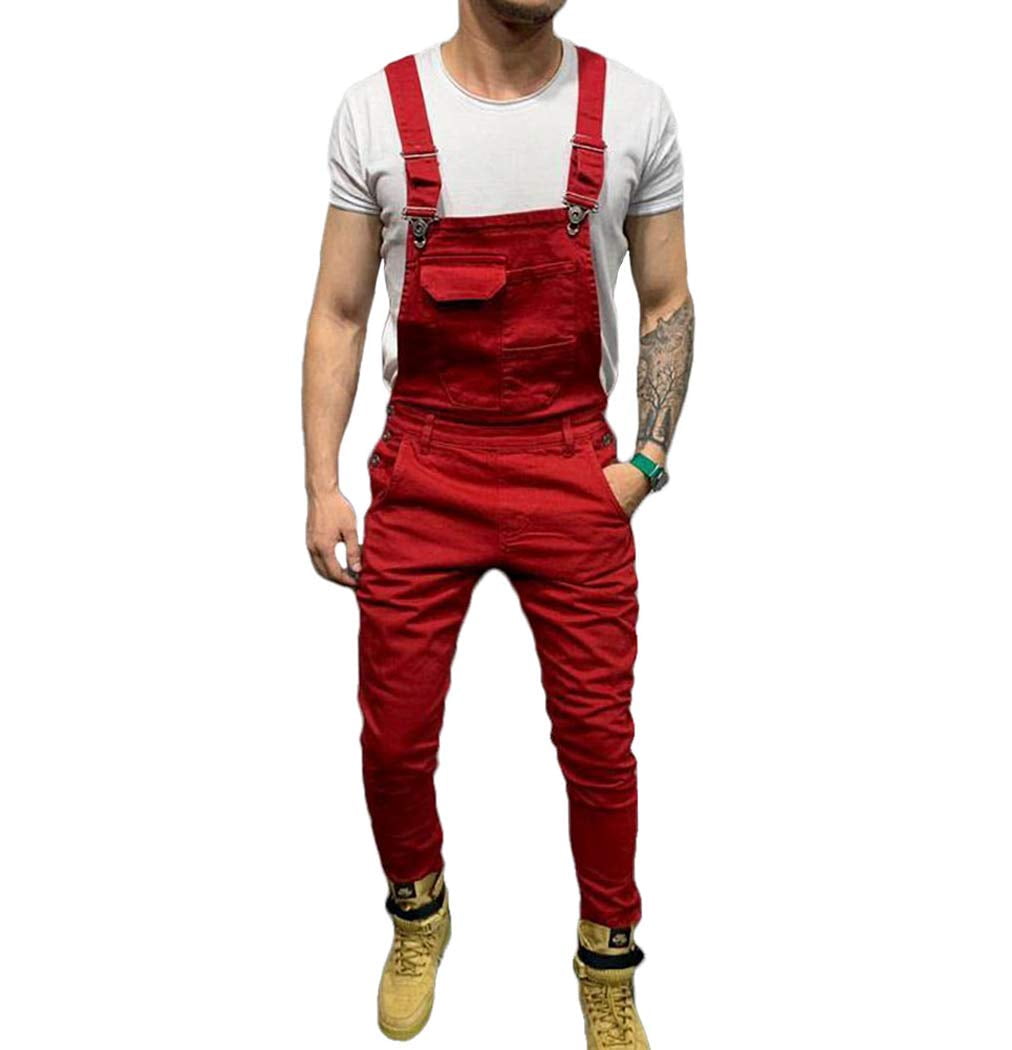 red denim overalls