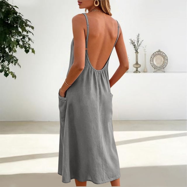 Timegard Robes d'Été pour Femmes Plage Vacances Bretelles Spaghetti Ajustables Robe Maxi à Col en V Dos Nu Robes Bohèmes
