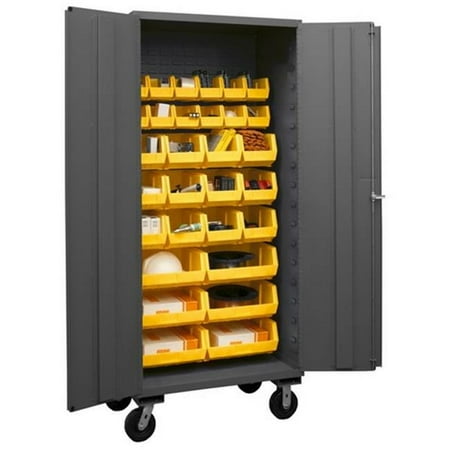 

14 Gauge Flush Door Style Lockable Mobile Cabinet with 30 Yellow Hook on Bins - Gray - 36 in.