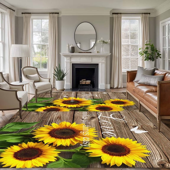 Spring Sunflowers Area Rug 5x7 Washable Rug Non Slip Farmhouse Brown Wooden Plank Large Area Rug Soft Stainresistant Indoor Floor Carpet for Living Room Bedroom Home Office Dining Room Nursery