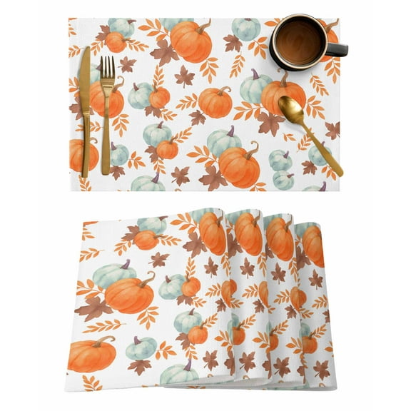 Orange Blue Pumpkin Placemats Set of 6 Thanksgiving Fall Leaf Vintage Heat Insulation Washable Place Mats, Rustic Non-Slip Table Mats for Dining Table Party Kitchen Decor,13x19 Inch