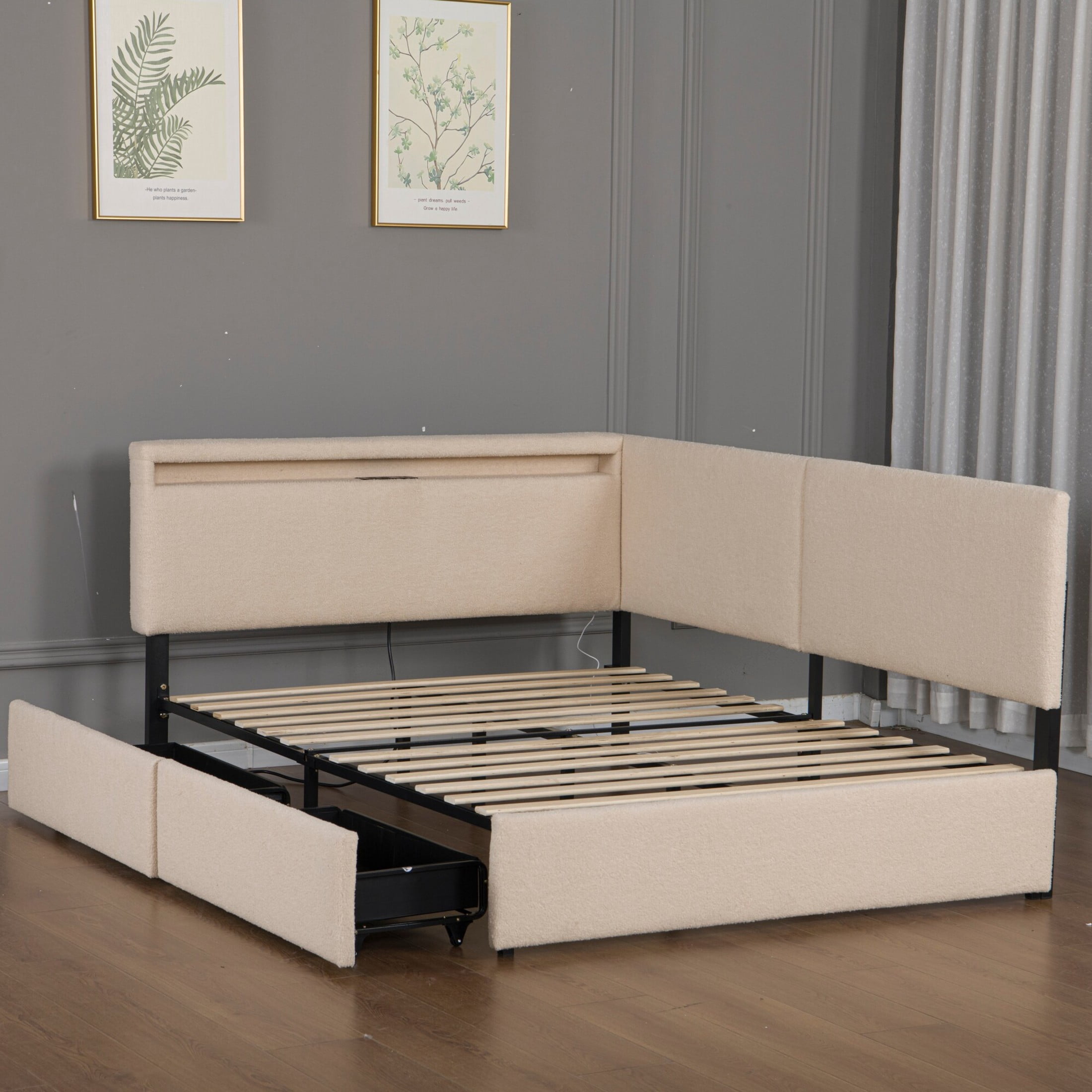 Noble House Einav 79" Twin Upholstered Boucle Bed Frame, Corner Daybed with Storage Drawers, LED Light, Beige
