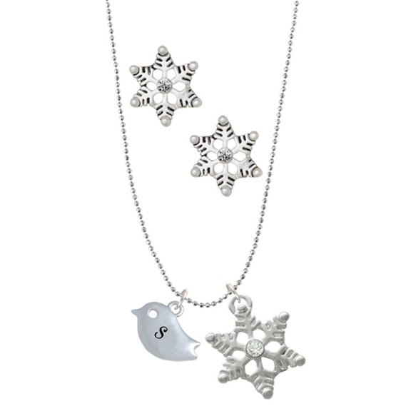 Delight Jewelry Silvertone Little Bird Initial - S - Silver tone Snowflake Charm Necklace and Stud Earrings