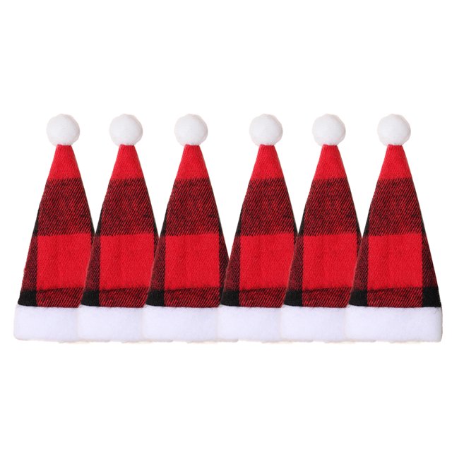 HEVIRGO 6 Pcs/Set Christmas Tableware Hat Plush Ball Plaid Print Contrast Color Triangle Shape Reusable Decorate Mini Size Party Supply Christmas Cutlery Hat Set for New Year