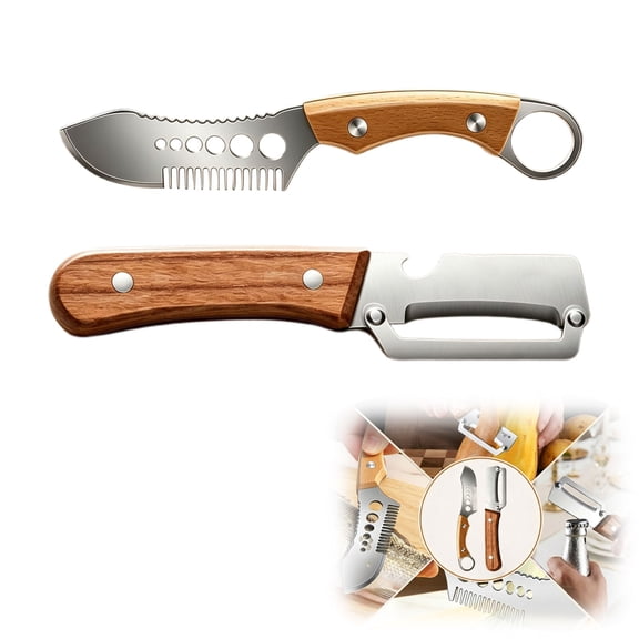Multi-Functional Vegetable Peeler, Stainless Steel Blade with Wooden Handle, Fish Scaler, 3-in-1 Fruit Peeler with Bottle Opener & Grater(2PCS)