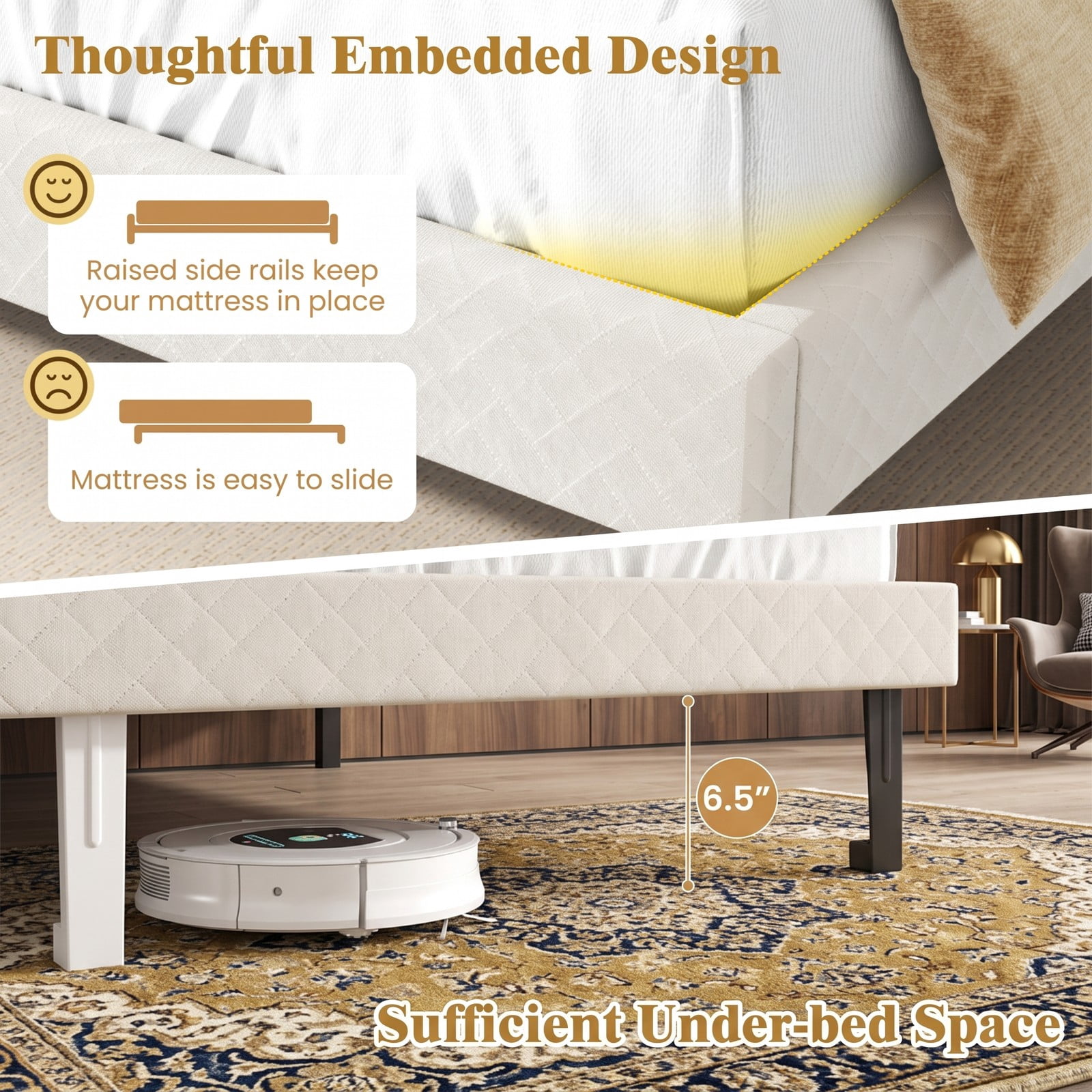 Furnibear Twin Bed Frame Velvet Upholstered Platform Bed with Height Adjustable Chevron Headboard and Wooden Slats, Beige