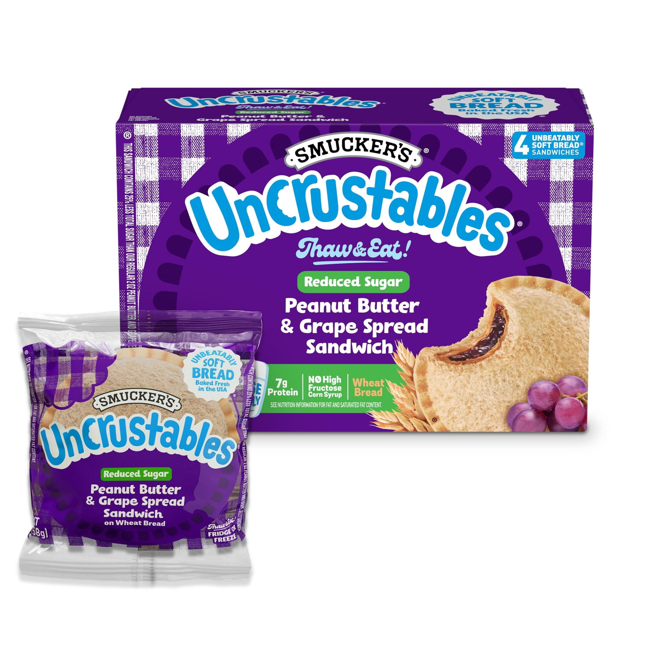 Smucker’s Uncrustables Reduced Sugar Peanut Butter & Grape Spread Sandwiches, 4 Count, 2 oz Each, Frozen