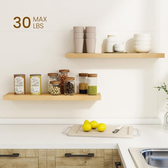 30Inch Floating Shelves for Wall, Rustic Wooden Floating Shelves for Bathroom|Bedroom|Kitchen, 2 Pack Deep Wall Mounted Book Shelf, Wood Storage Display Shelf for Home Decor, Oak