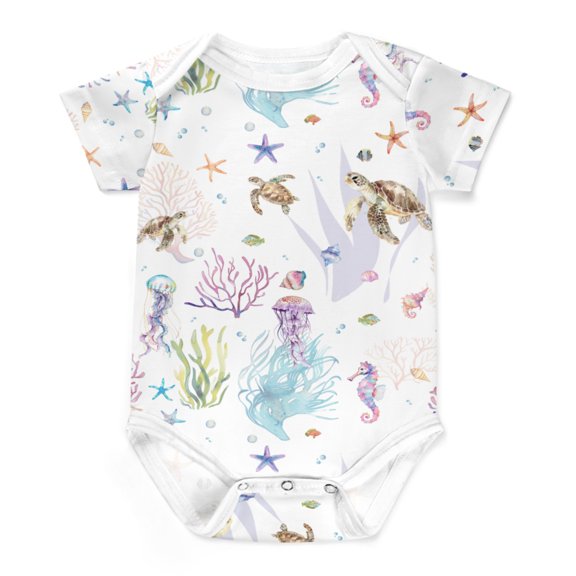 Retro Sea Animals Baby Bodysuit Ocean Turtle Sea Horse Jellyfish Starfish Seaweed Onesie Bodysuit Short Sleeve One-Piece Baby Clothes for Girl Boy