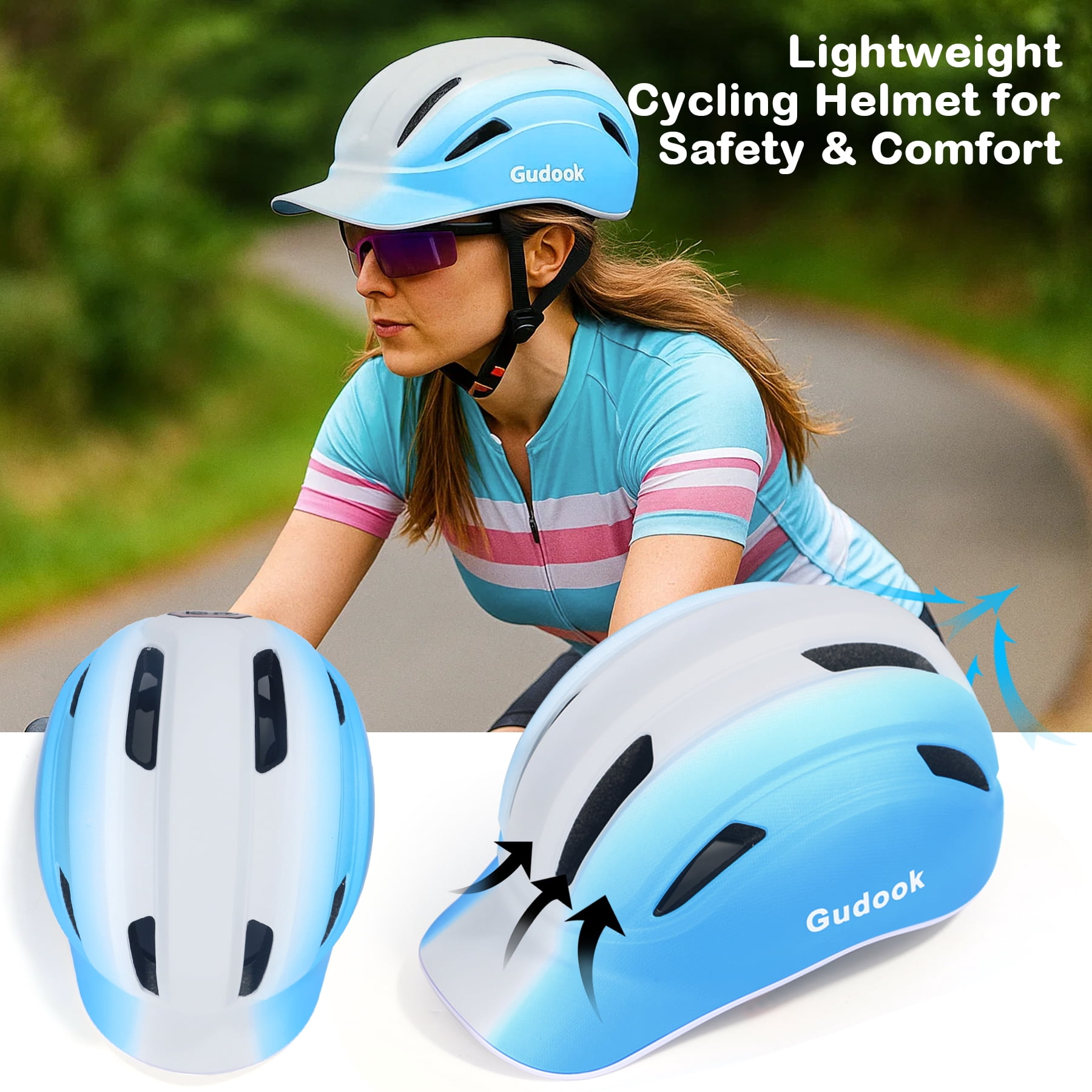 Gudook Adult Bike Helmet for Men - Women Bicycle Helmet with LED Rear Light - Certified Comfort Adjustable Baseball Cap Style Cycling Helmets for Urban Commuter Road Biking Scooter