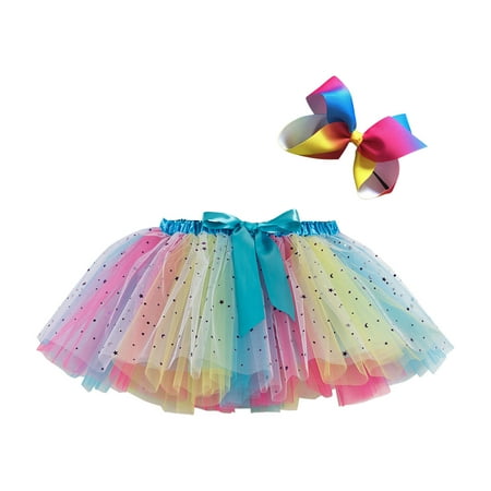 

REORIAFEE Baby Girls Outfit Clothes Newborn Infant Set Toddler Girls Cute Party Dance Costume Splice Rainbow Net Yarn Sequins Tulle Skirt Bow Hairpin Suit Blue 5-8 Years