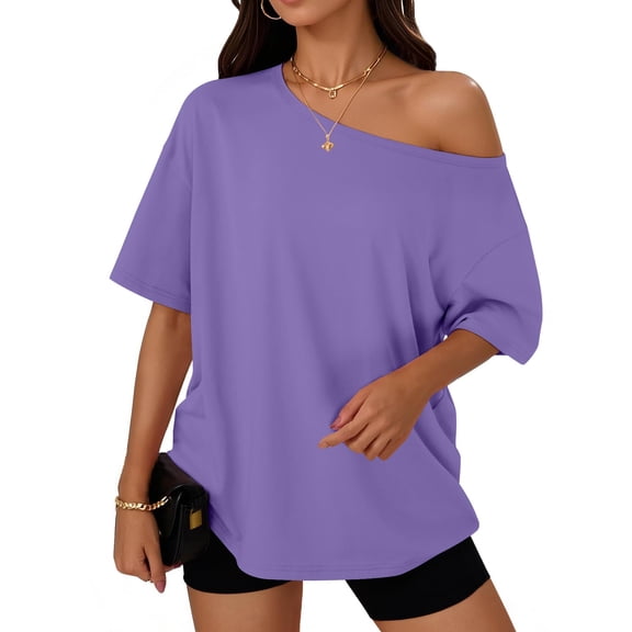 Off The Shoulder Tops Oversized Tshirts Short Sleeve Basic Tee 2026 Casual Summer Fashion Clothes Purple XL