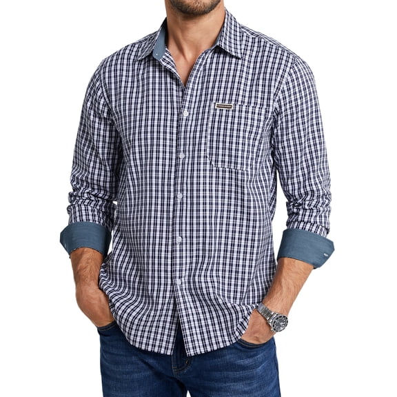 Mens Plaid Long Sleeve Shirts Contrast Collar Dress Shirts Casual Button Down Shirts with Pocket L