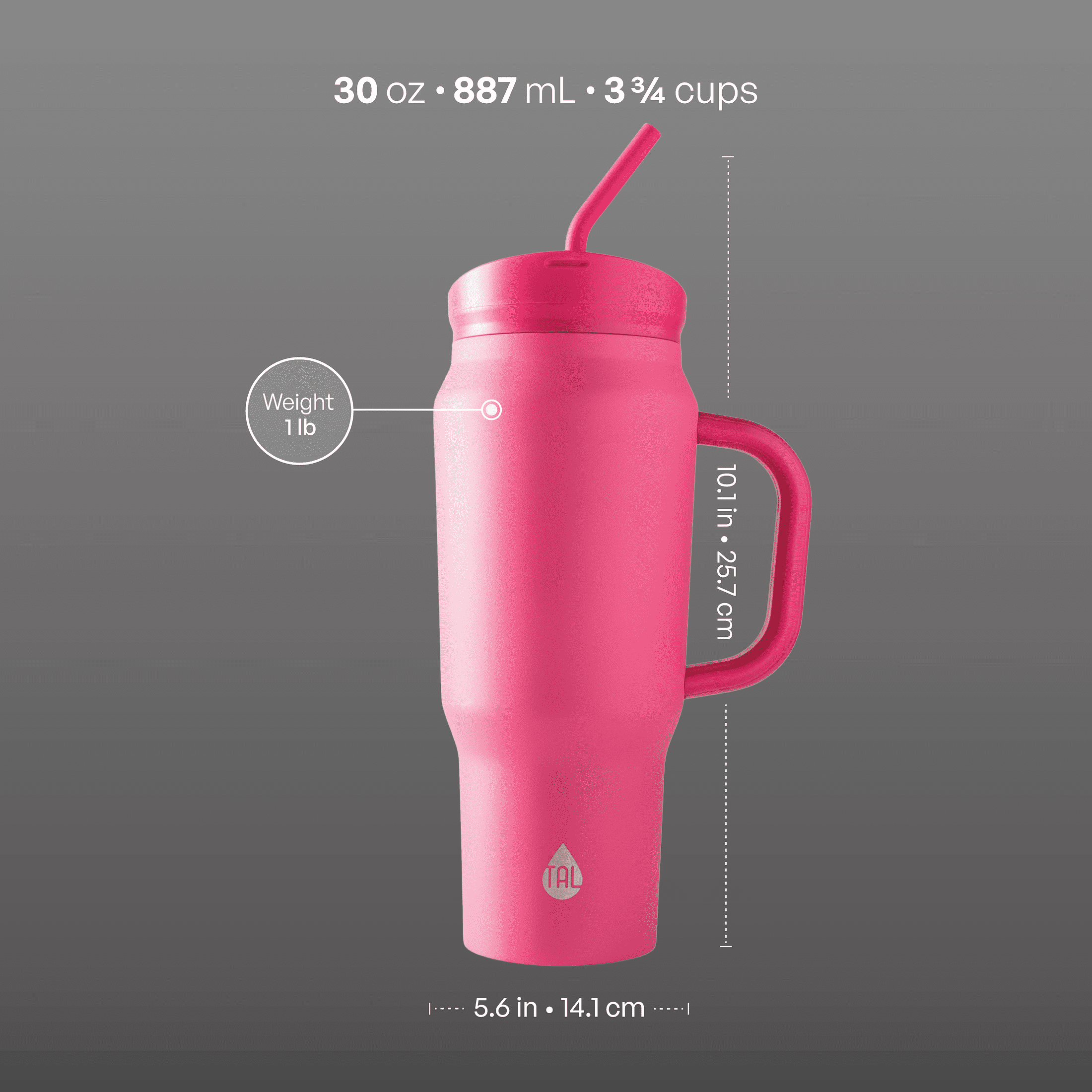 TAL 30oz Stainless Steel Basin Mug with Silicone Straw, Pink