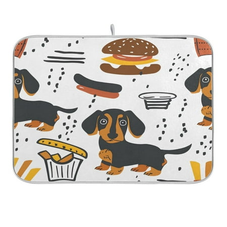 

Dish Drying Mat Kitchen Counter Dachshund Dog Hamburger French Fried Dishes Drainer Pad Absorbent Microfiber Reversible 18 x24