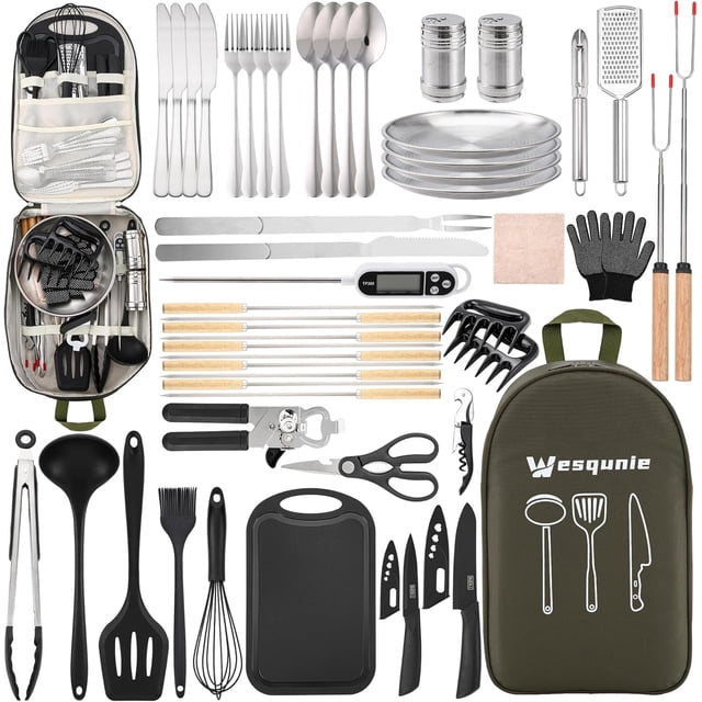 Camping Cooking Cookware Kitchen Set Camp Accessories Cook Utensils Kit Camping Essentials BBQ Silicone Mess Kit for Backing Gear Camping Must Haves Equipment