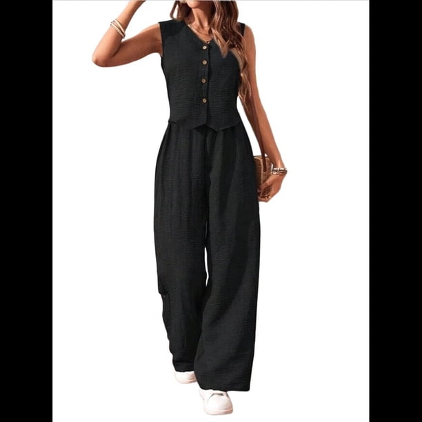 Conjuntos de 2 Piezas para Mujer: Chaleco de , Conjuntos Casuales Elegantes, Pantalones de Pierna , Trajes. Negro XL