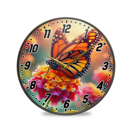 Wall Clock Battery Operated Non-Ticking Silent for Living Room Bedroom Kitchen Office Decor Butterfly on Lantana Flower 9.5