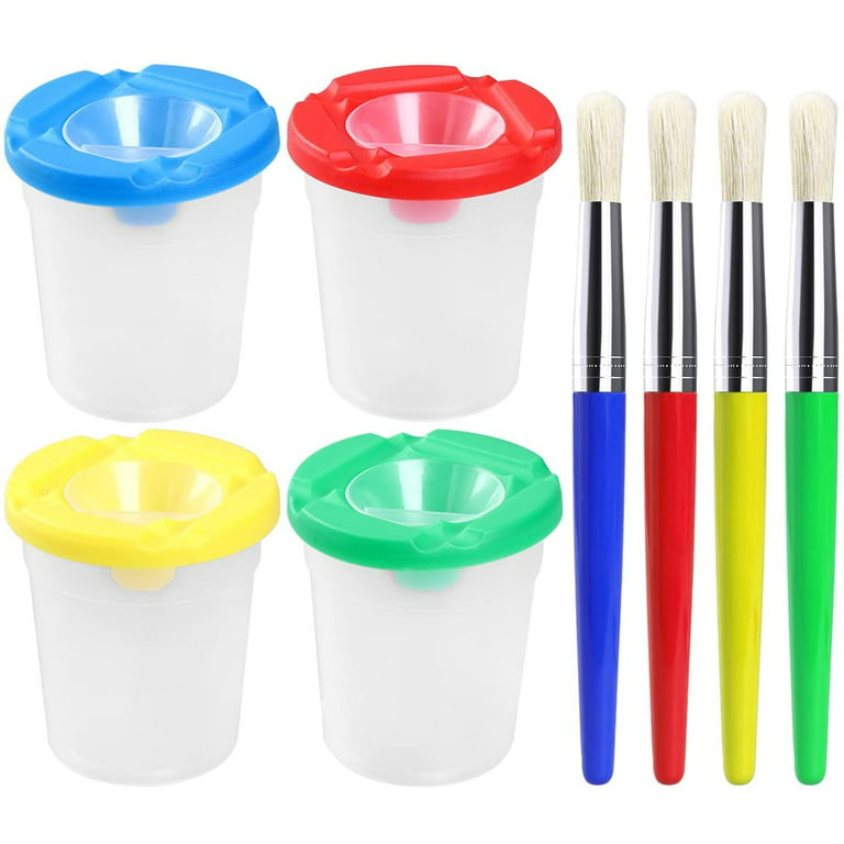 DIYASY 4 Pcs Kids No Spill Paint Cups and 4 Round Paint Brushes 4 Colors  Spill Proof Paint Cups for Children' Art Class and Home.