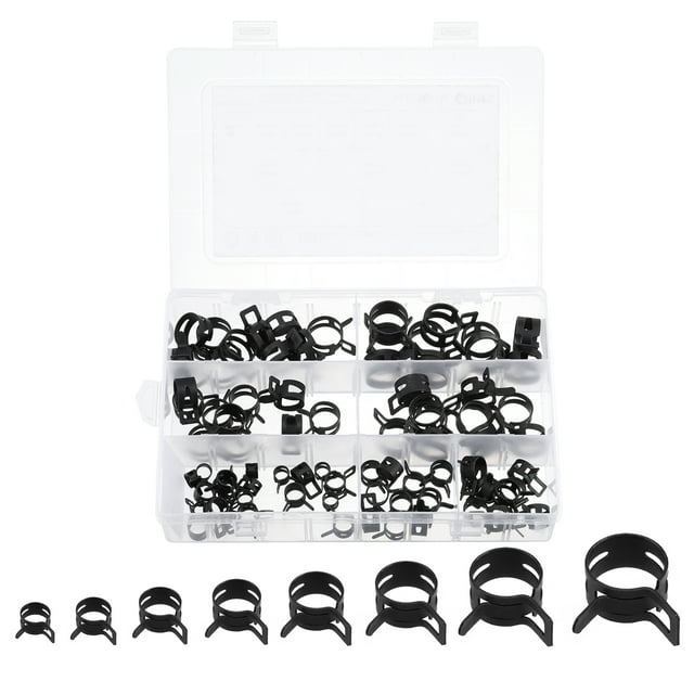 Uxcell Abrazaderas de manguera de resorte de acero 65Mn de 7mm a 18mm 8 tamaños, kit de 80 Pcs en color negro