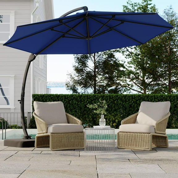 11FT Cantilever Patio Umbrella With Base Included, Round Large Aluminum Outdoor Cantilever, Heavy Duty Offset Umbrella with 360°Rotation for Pool, Deck, Backyard, Garden