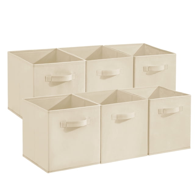 Juego de 12 Cubos de Almacenamiento de Tela Plegables con Asas, 11 Pulgadas, Botes Organizadores Plegables para Estantes, Clóset, Guardería y Decoración del Hogar, beige