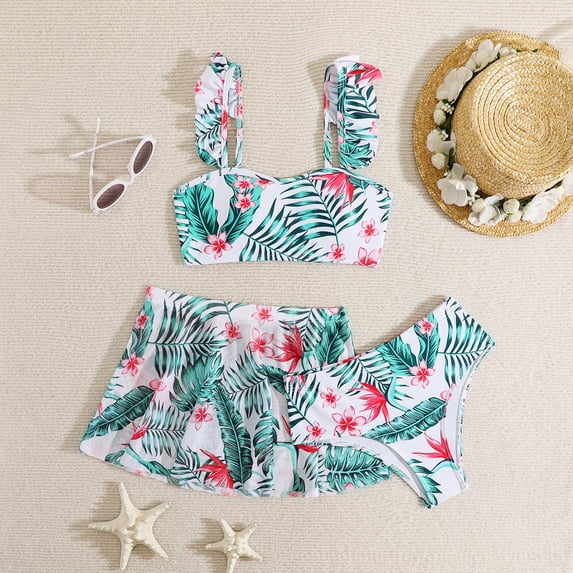 lnmuld Girls Tropical Print Swimwear Set 3 Piece Design with Cover Up Skirt Beach & Pool Size:7-8 Years