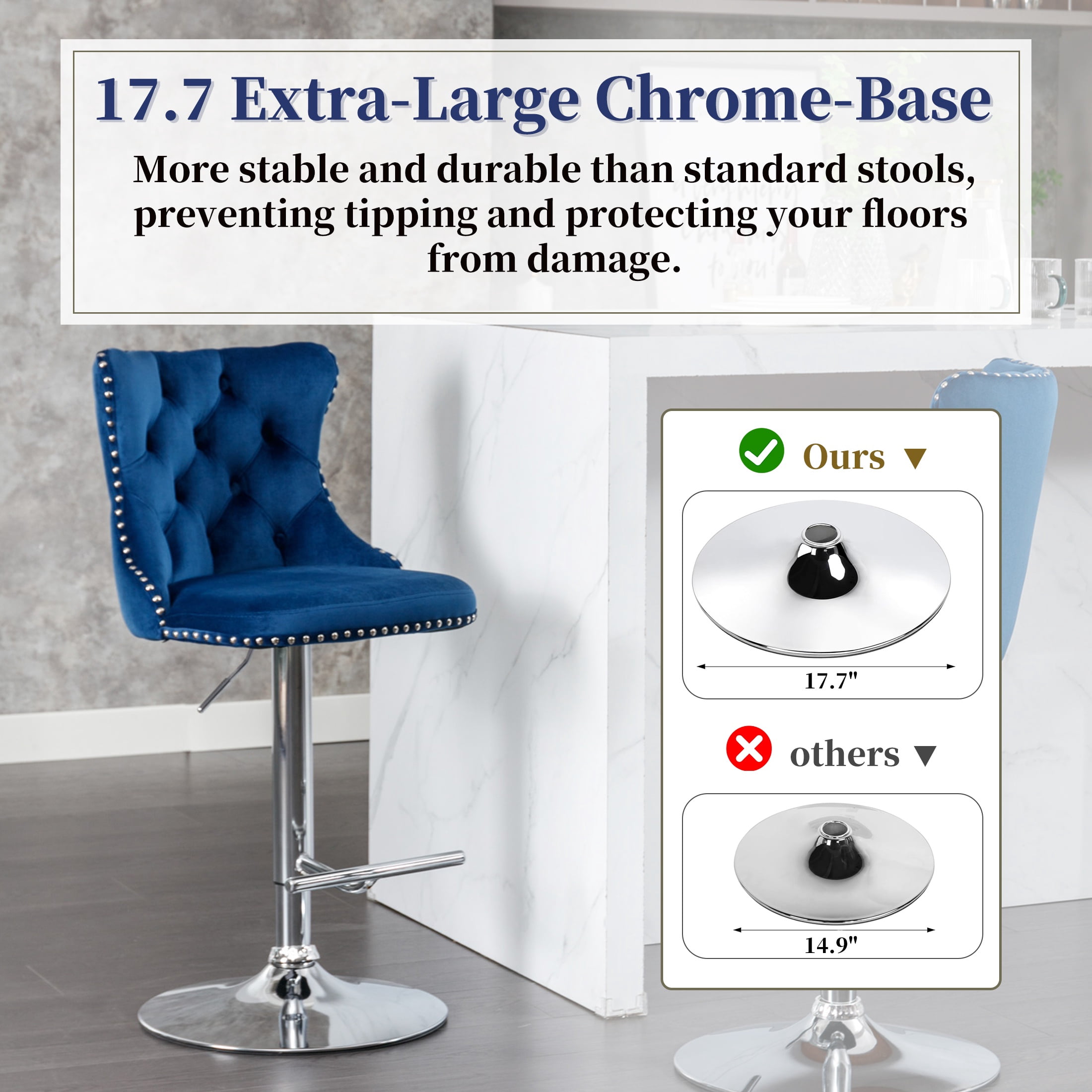 PAPROOS Bar Stools Set of 4, 360°Velvet Swivel Barstools with Backs, Chrome Base, Adjustable Seat Height from 25-33 inch, Counter Height Bar Chairs for Kitchen Island, Home Bar, Blue